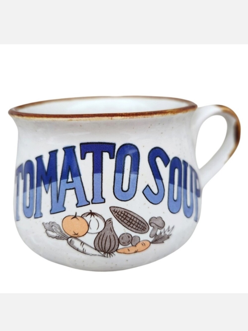 Vintage 1970s Stoneware Tomato Soup Mug with Blue Lettering